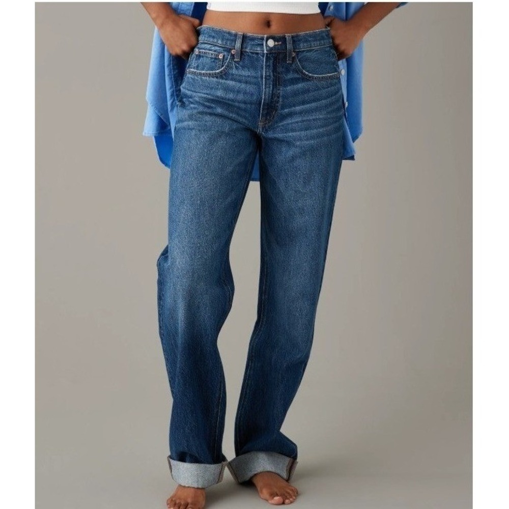 American Eagle Women's Low-Rise Baggy Straight Jeans Dark Atlantic Size 00L EUC
